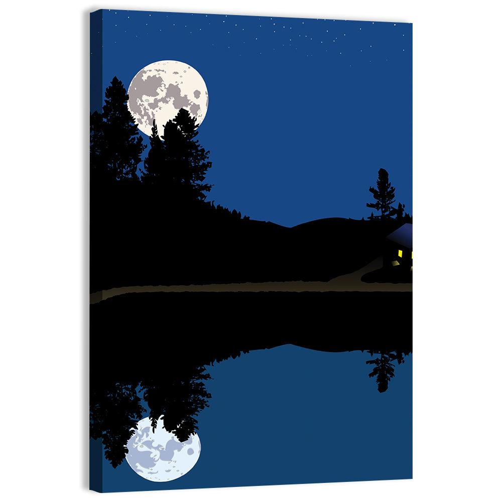 Moonlit Cabin on Mountain Lake Canvas Wall Art