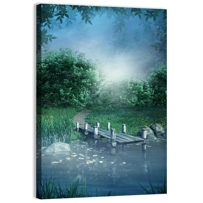 Misty Forest Lake with Wooden Bridge Wall Art as a canvas print