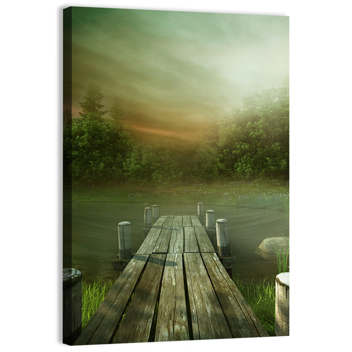 Wooden Jetty on Misty Lake Wall Art as a canvas print