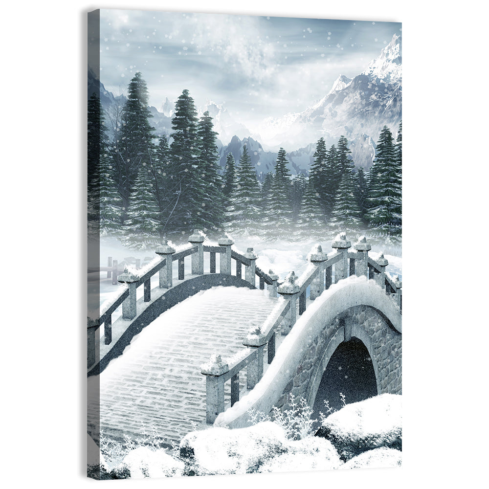 Frozen Lake with Stone Bridge Wall Art, canvas print, portrait