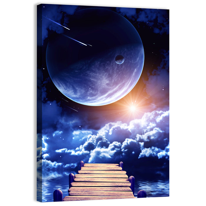 Wooden Pier Under Planetary Nebula Wall Art as a canvas print