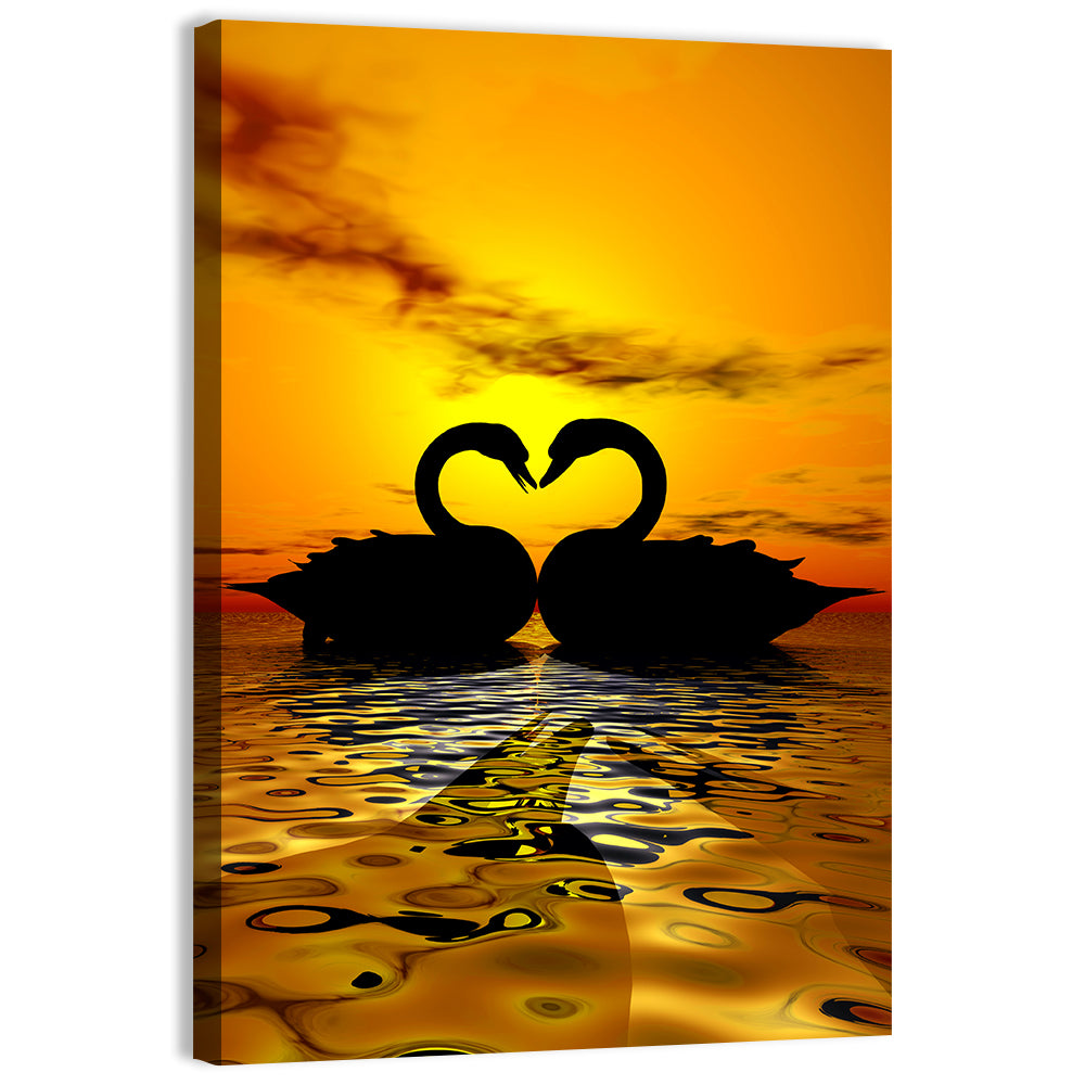Swans Forming Heart at Sunset Wall Art, canvas print, portrait