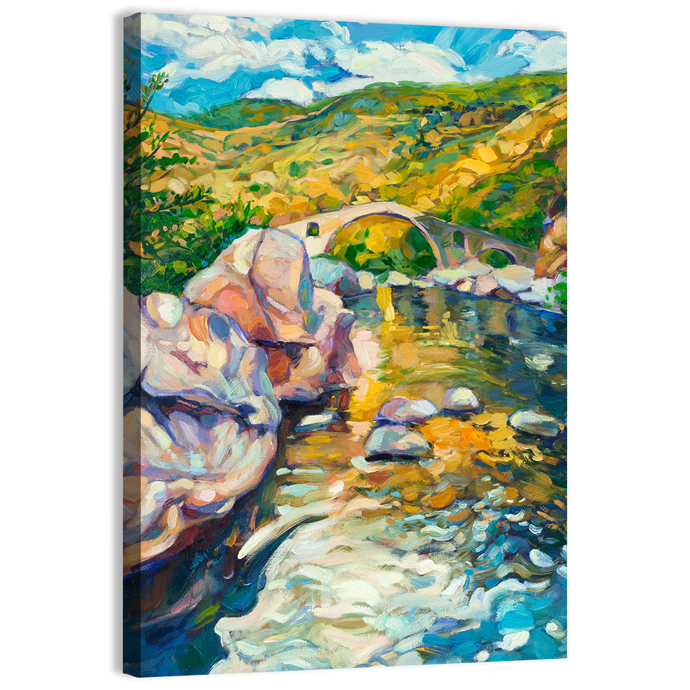 Arched Stone Bridge in Mountain River Wall Art, canvas print, portrait