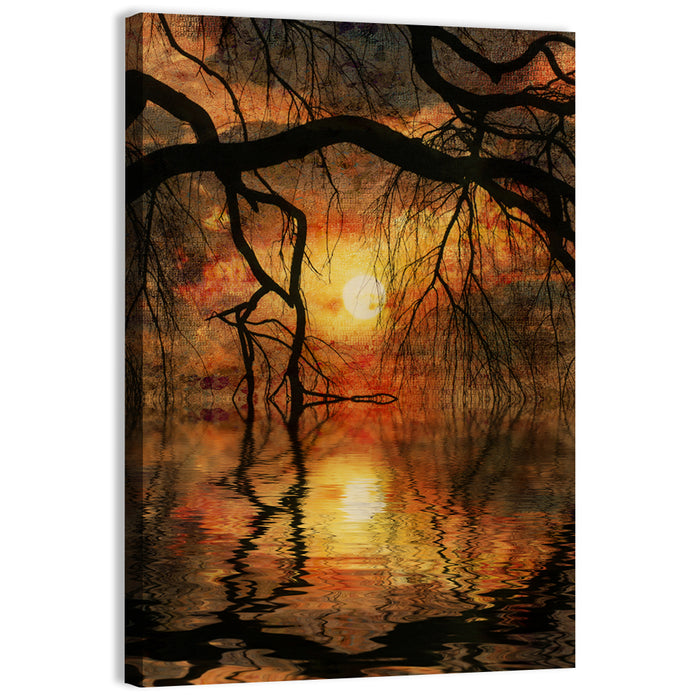 Lake Tree Silhouette at Golden Sunset Wall Art as a canvas print