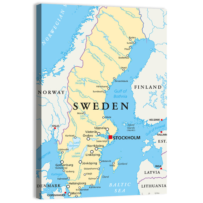 Political Map of Sweden Wall Art as a canvas print