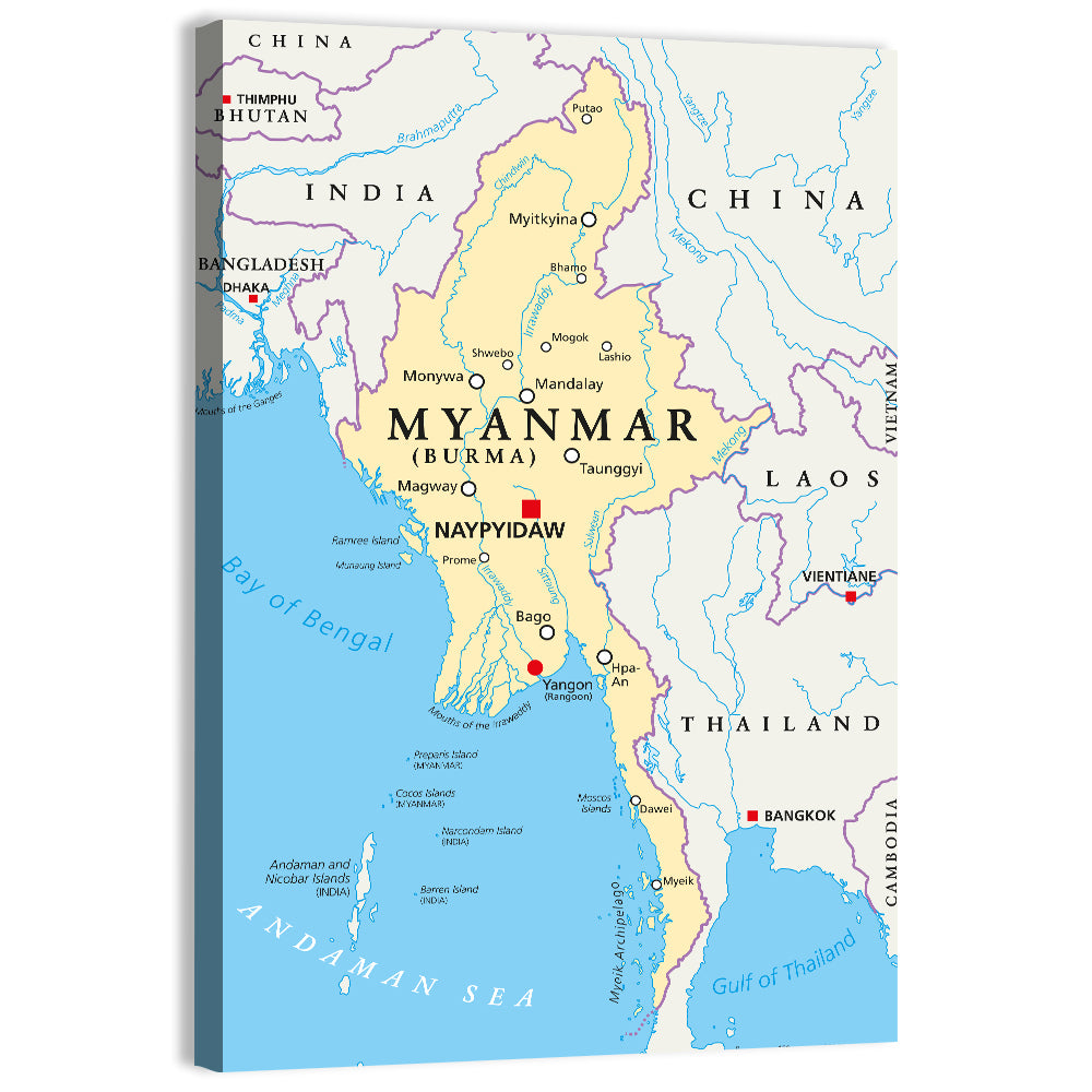 Myanmar Political Map, Blue and Yellow Wall Art, canvas print, portrait