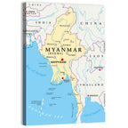 Myanmar Political Map, Blue and Yellow Wall Art