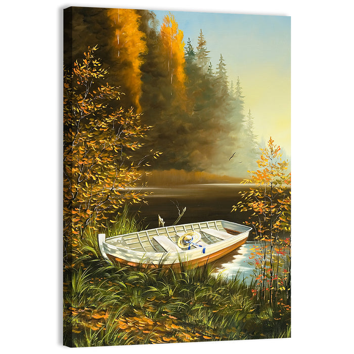 Boat with Straw Hat on Lake Bank Wall Art as a canvas print