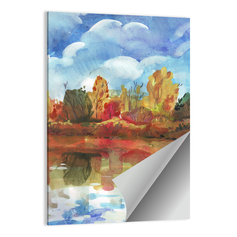 Autumn Lake Reflection Watercolor Wall Art