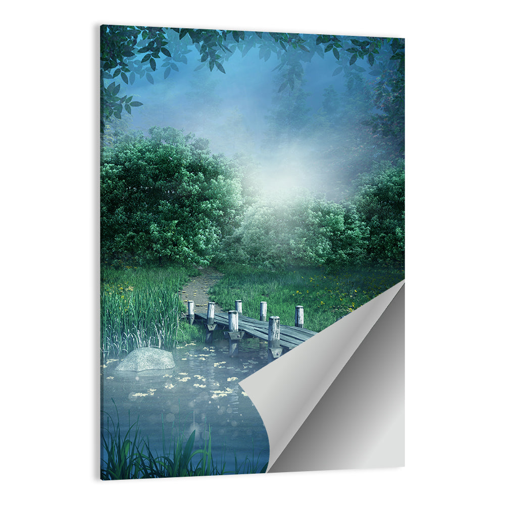 Misty Forest Lake with Wooden Bridge Wall Art