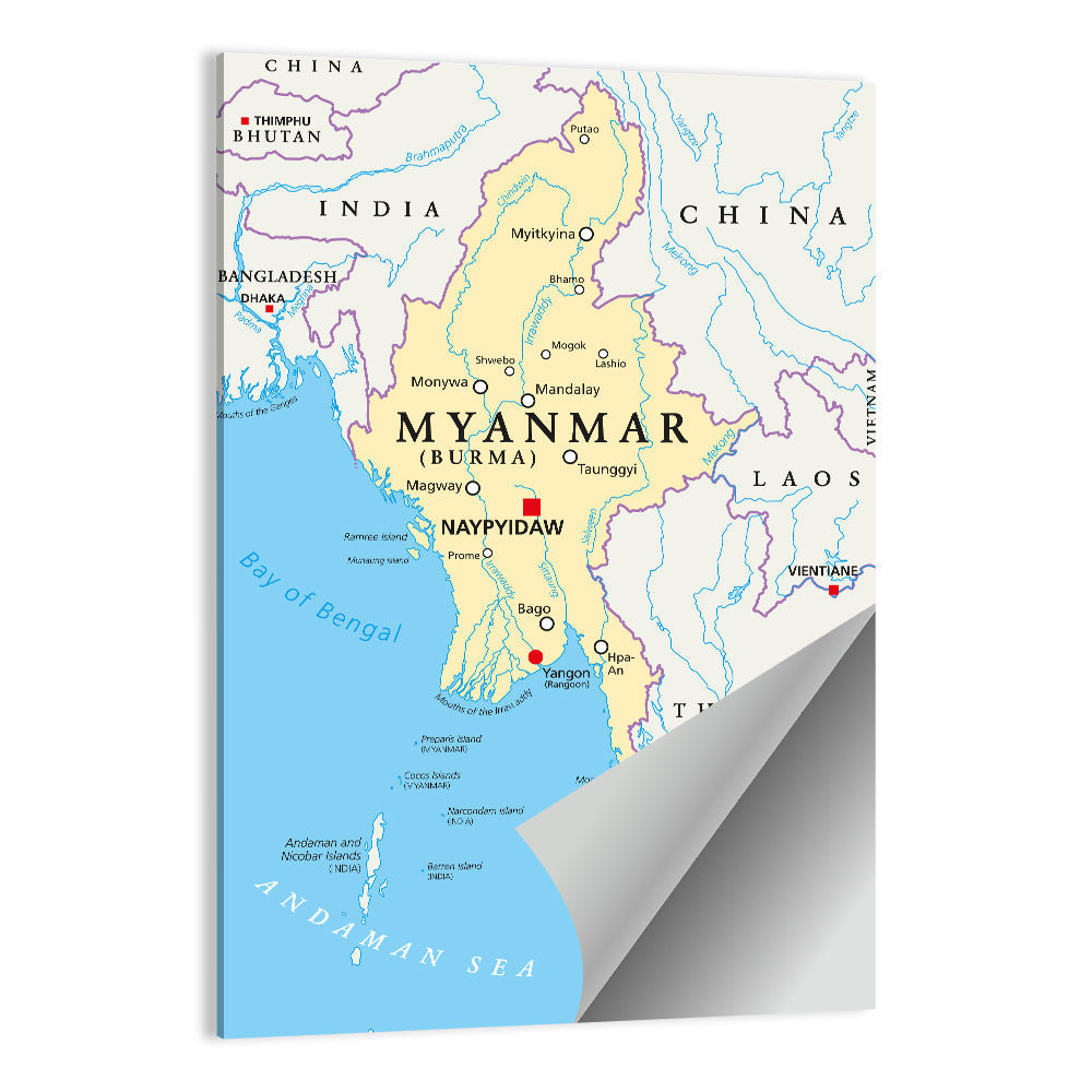Myanmar Political Map, Blue and Yellow Wall Art