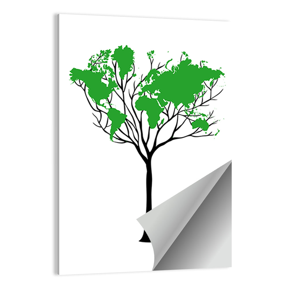 World Map Tree with Green Canopy Wall Art