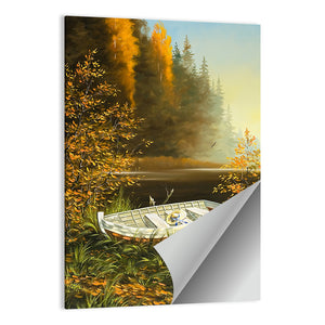 Wooden Boat On Bank Of Lake Wall Art