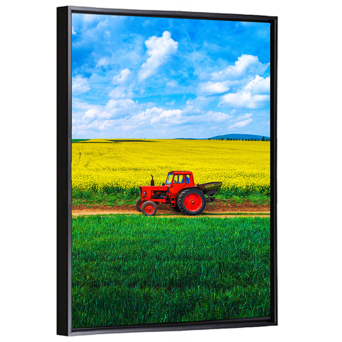 Red Tractor Over Yellow Rapeseed Field Wall Art as a framed canvas