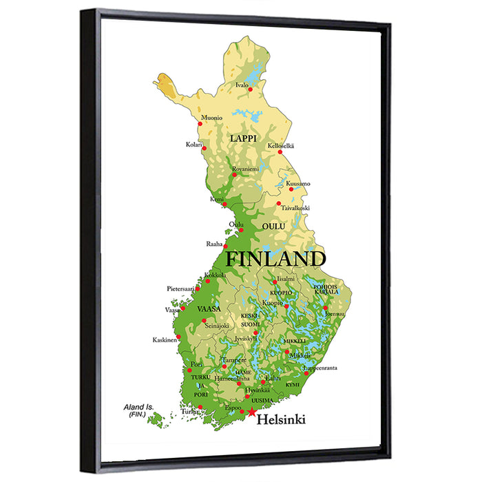 Finland Relief Map Wall Art as a framed canvas