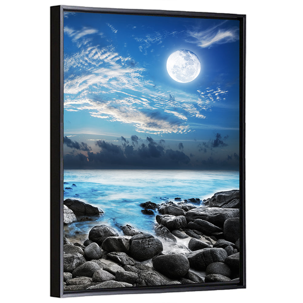 Moonlit Tropical Bay with Rocky Coast Wall Art