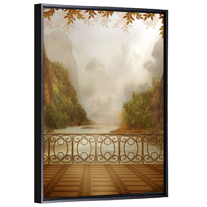 Misty Balcony Over Lake Wall Art as a framed canvas