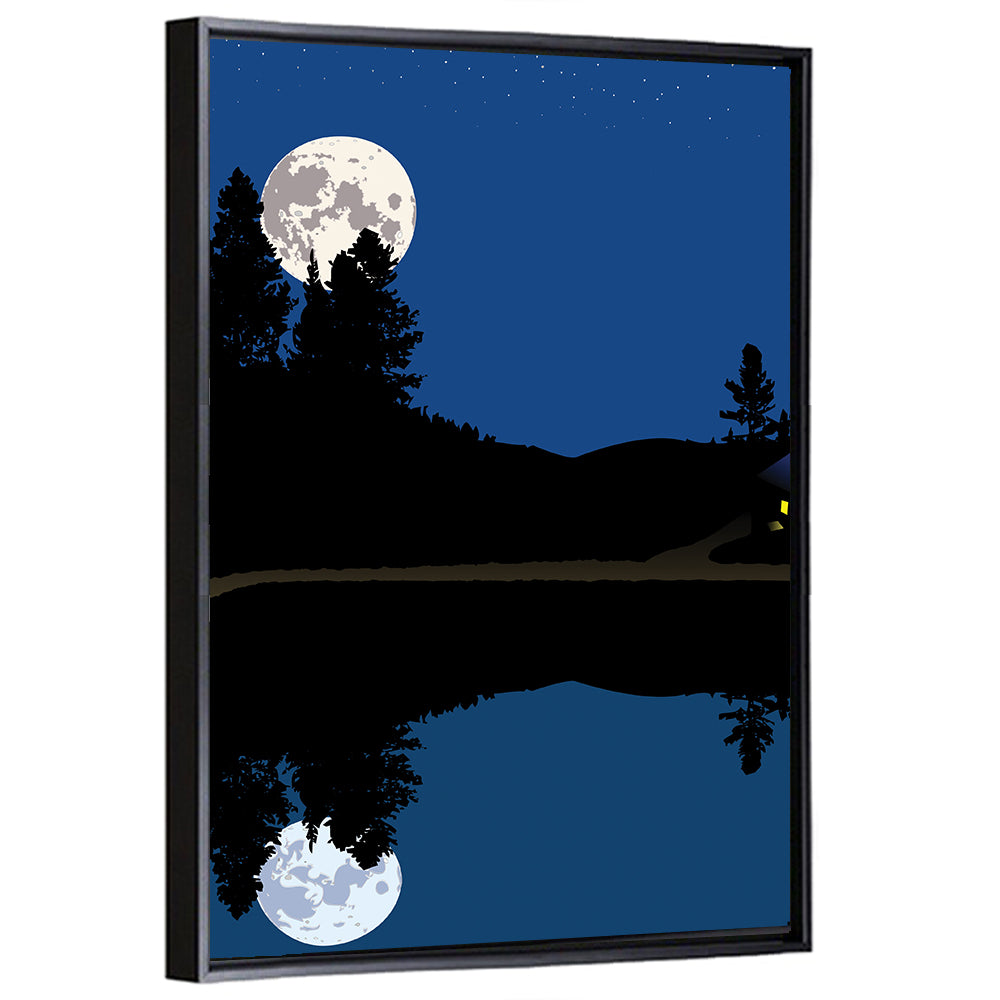 Moonlit Cabin on Mountain Lake Canvas Wall Art