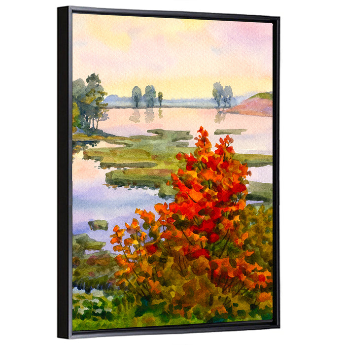Autumn Lake Watercolor Wall Art as a framed canvas