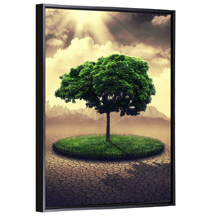 Circular Grass Oasis with Lone Tree Wall Art as a framed canvas
