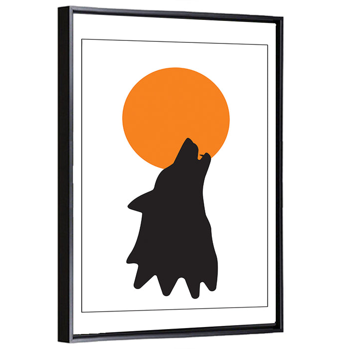 Wolf Silhouette with Orange Moon Wall Art as a framed canvas