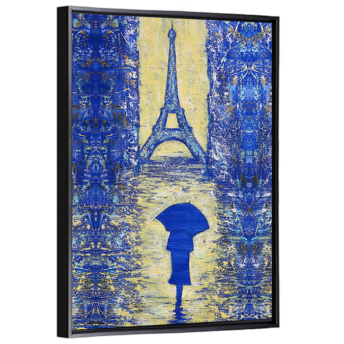 Woman Walking to the Eiffel Tower Wall Art as a framed canvas