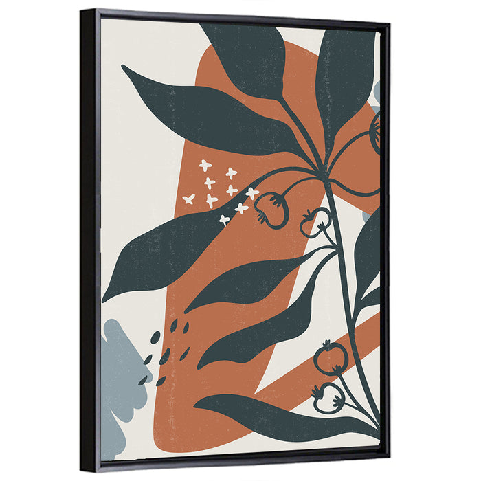 Boho Floral Abstract, Dark Blue and Terracotta Wall Art as a framed canvas