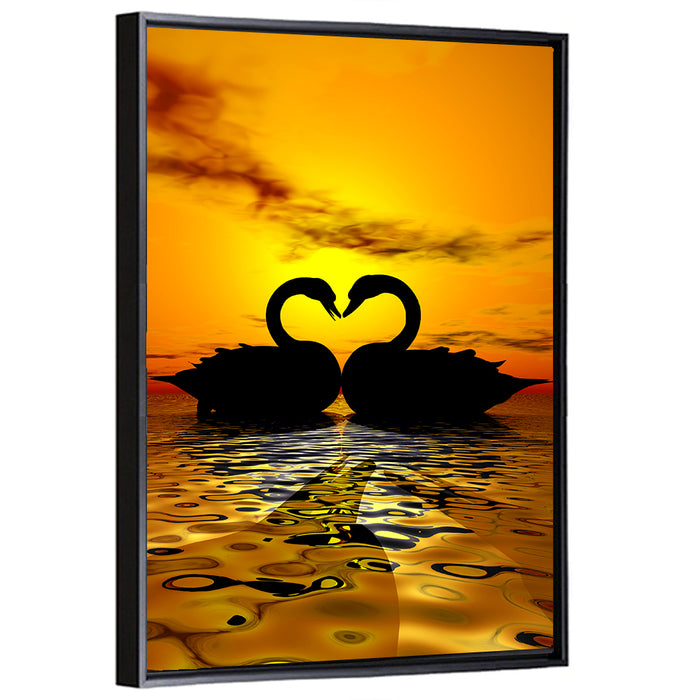 Swans Forming Heart at Sunset Wall Art as a framed canvas