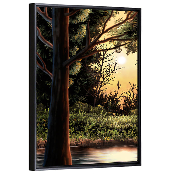 Golden Hour Lake in the Woods Wall Art as a framed canvas