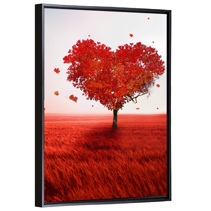 Heart-shaped Tree in Red Field Wall Art as a framed canvas
