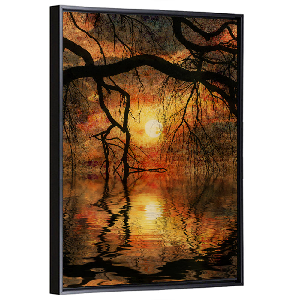 Lake Tree Silhouette at Golden Sunset Wall Art