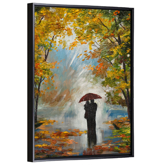 Couple in Autumn Forest Wall Art as a framed canvas