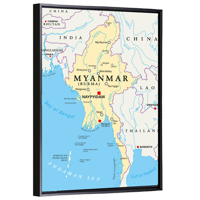 Myanmar Political Map, Blue and Yellow Wall Art as a framed canvas