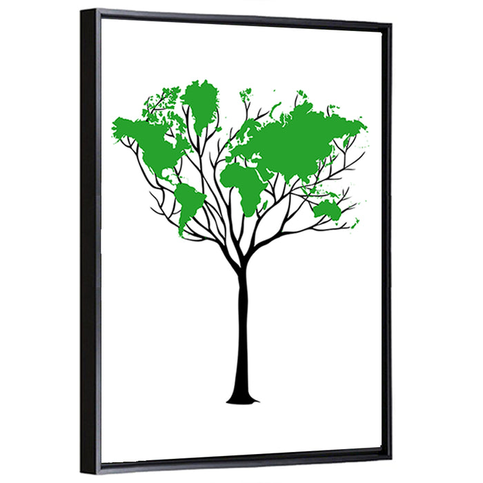 World Map Tree with Green Canopy Wall Art as a framed canvas