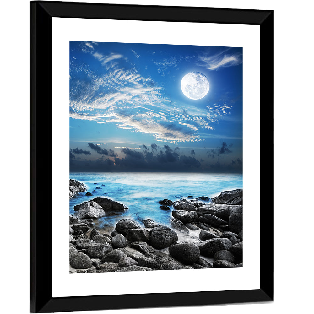 Moonlit Tropical Bay with Rocky Coast Wall Art