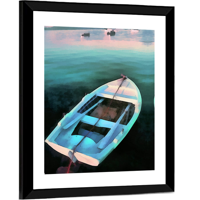 Tethered Rowboat at Dusk Wall Art as a framed print
