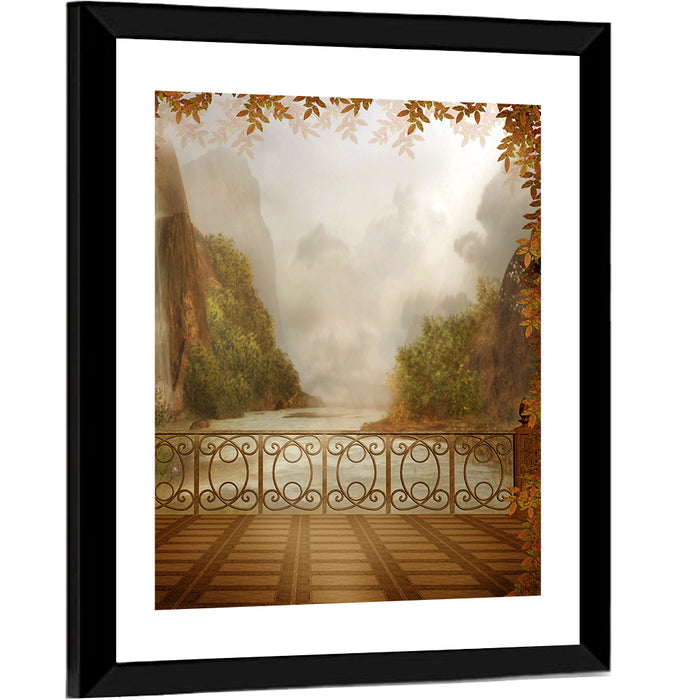 Misty Balcony Over Lake Wall Art as a framed print