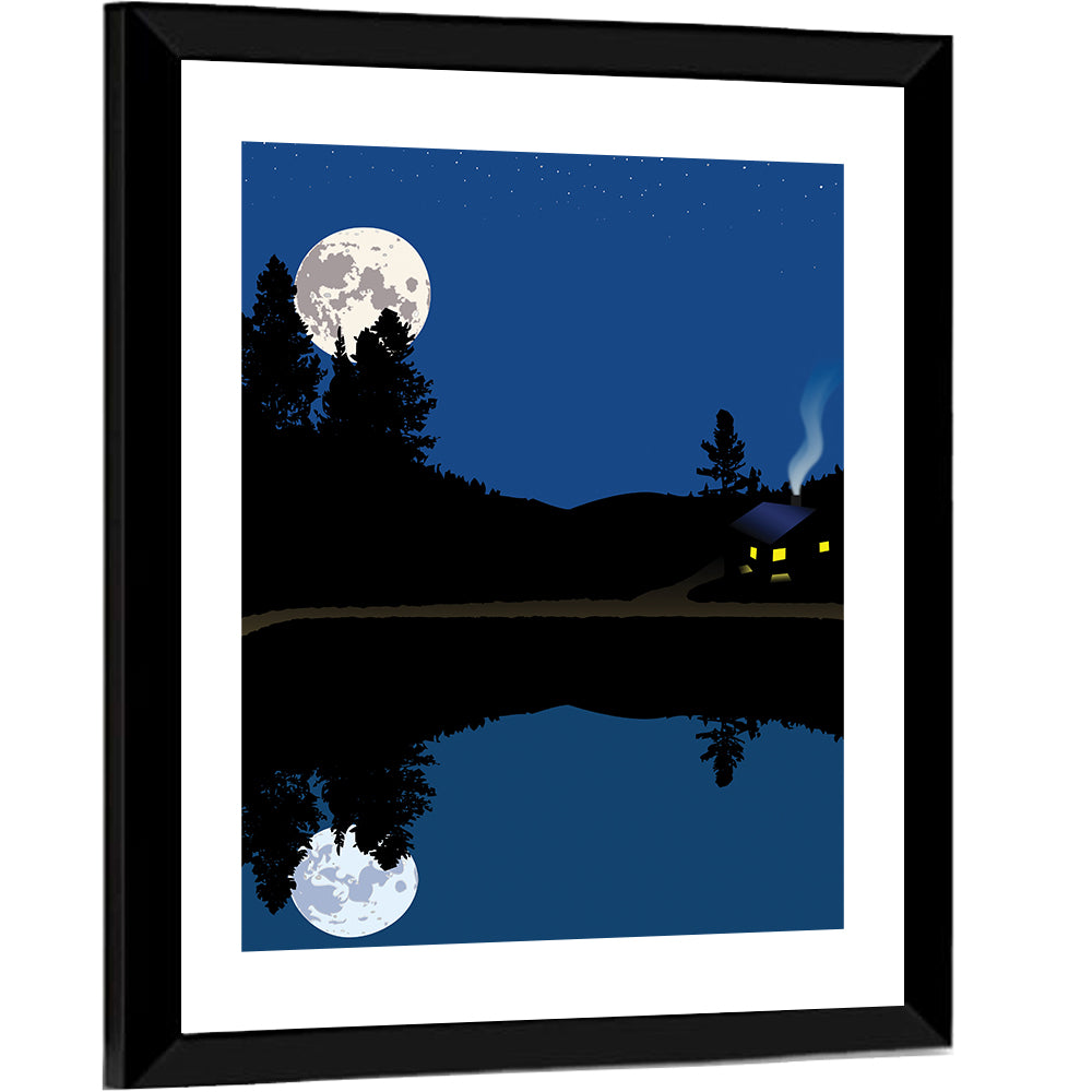 Moonlit Cabin on Mountain Lake Canvas Wall Art