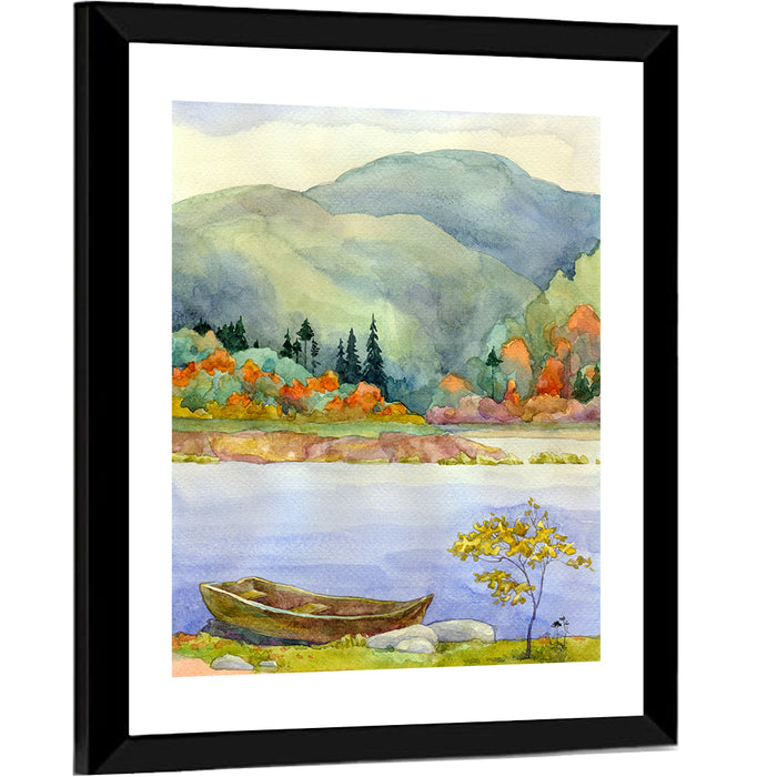Old Rowboat on Autumn Lake Wall Art as a framed print