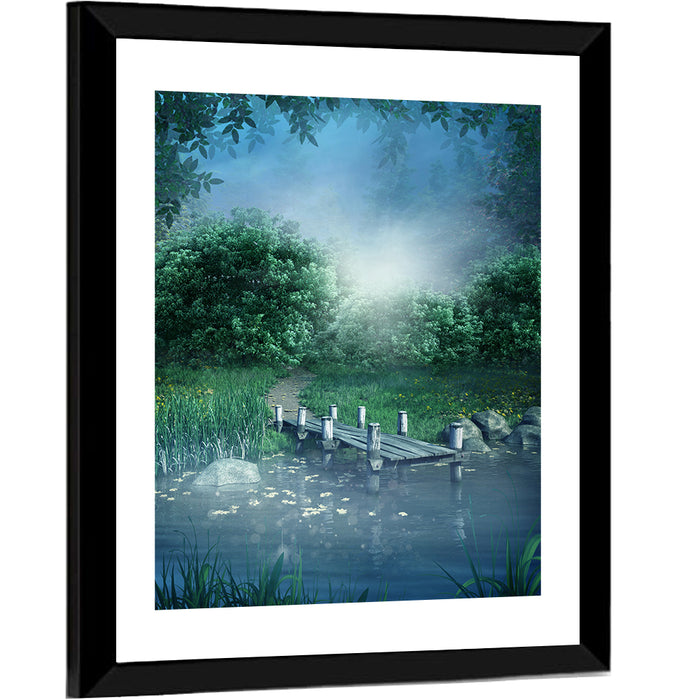 Misty Forest Lake with Wooden Bridge Wall Art as a framed print
