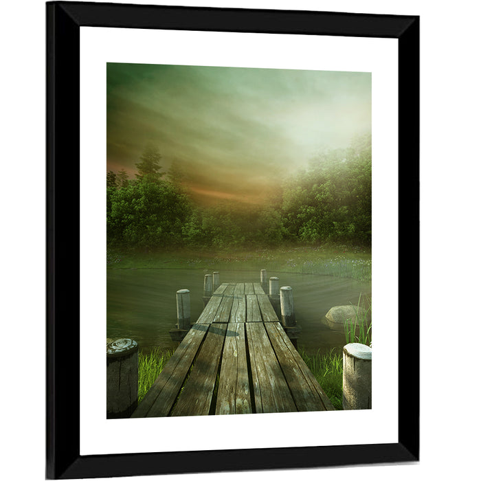 Wooden Jetty on Misty Lake Wall Art as a framed print