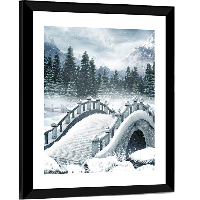 Frozen Lake with Stone Bridge Wall Art as a framed print