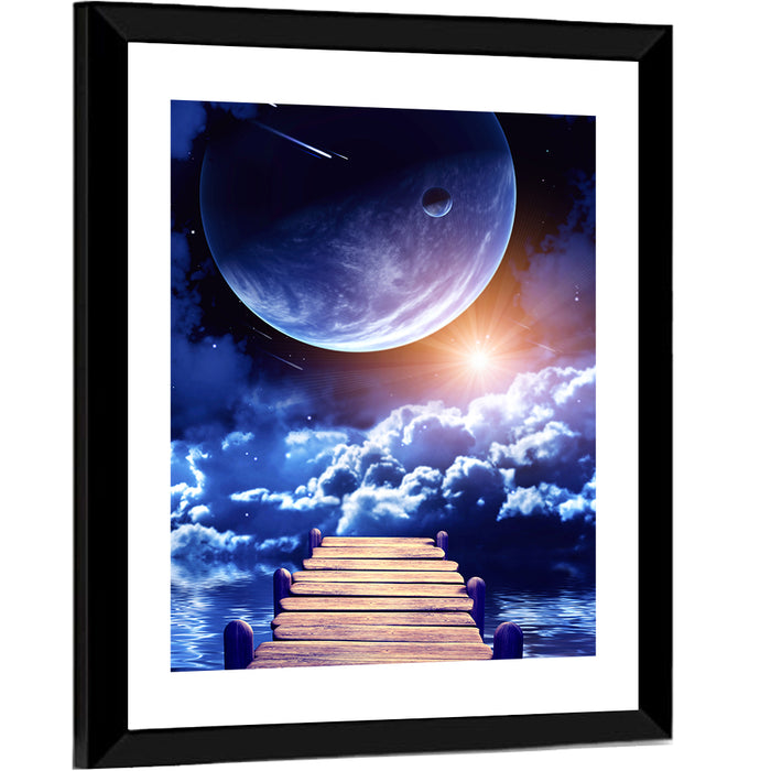 Wooden Pier Under Planetary Nebula Wall Art as a framed print