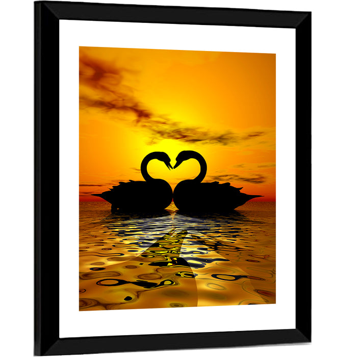 Swans Forming Heart at Sunset Wall Art as a framed print