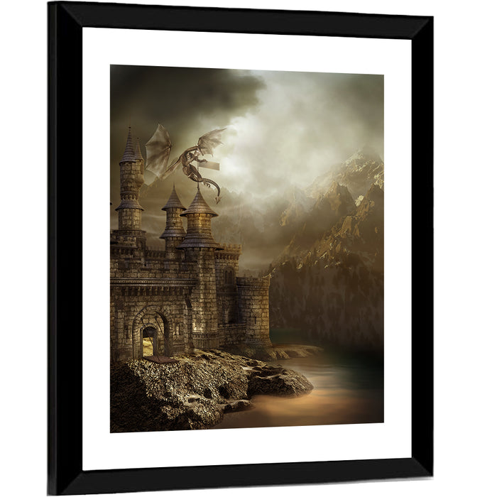 Dragon Perched on Castle Wall Art as a framed print