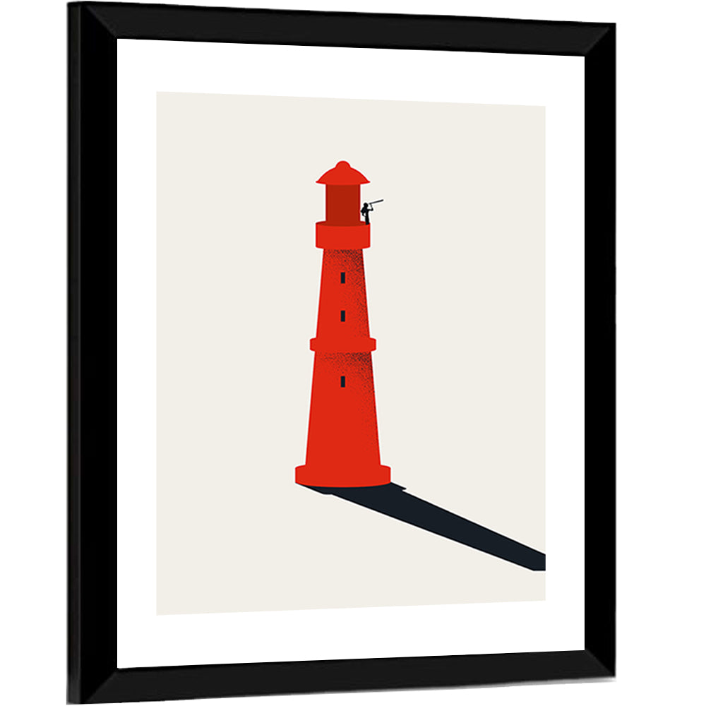Red Lighthouse with Telescope Silhouette Wall Art