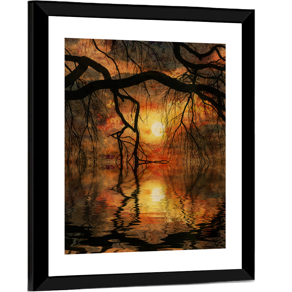 Lake Tree Silhouette at Golden Sunset Wall Art