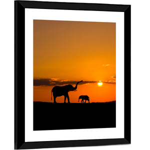 Elephants In Savannah At Sunset Wall Art