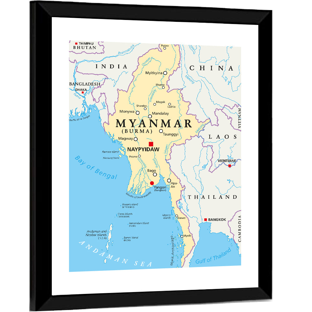 Myanmar Political Map, Blue and Yellow Wall Art