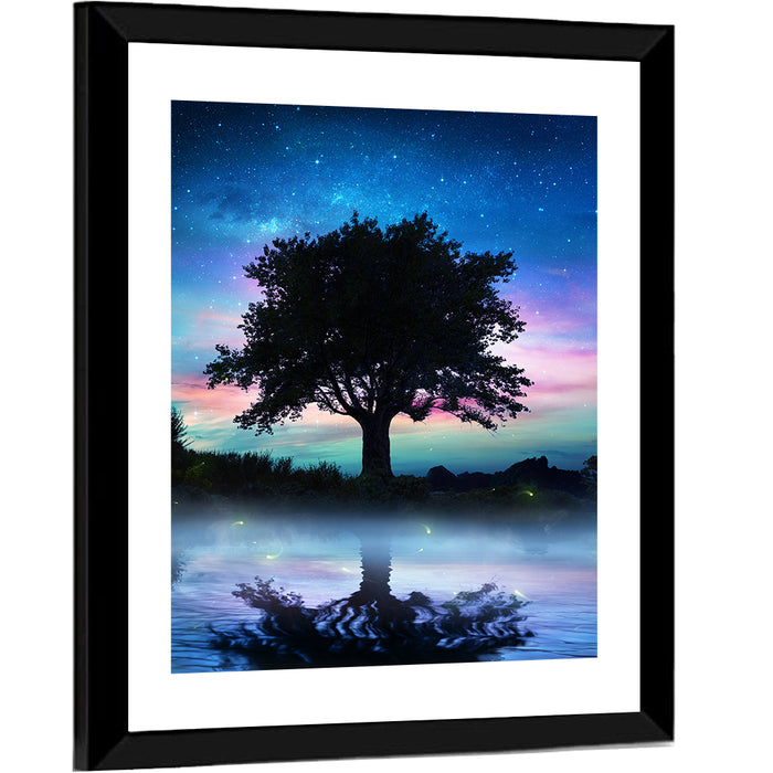 Lonely Tree Under Starry Sky Wall Art as a framed print